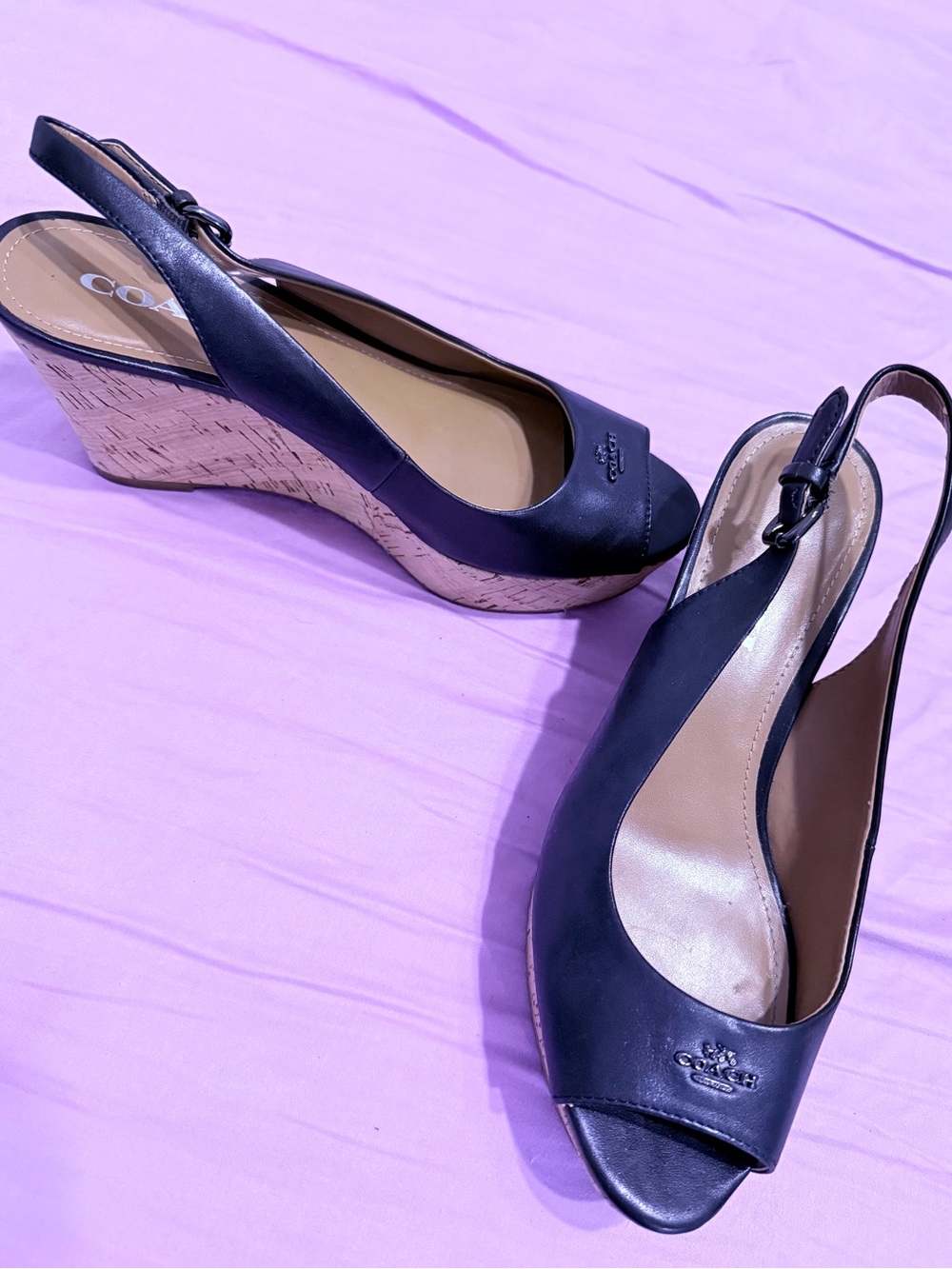 COACH Black Leather Peep-Toe Cork Wedge Slingbacks